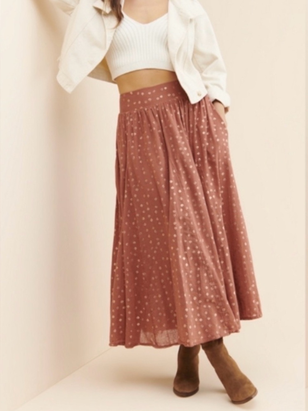 Anthropologie Size L Kaley Shimmer Maxi Skirt Linen Cotton Brown Metallic